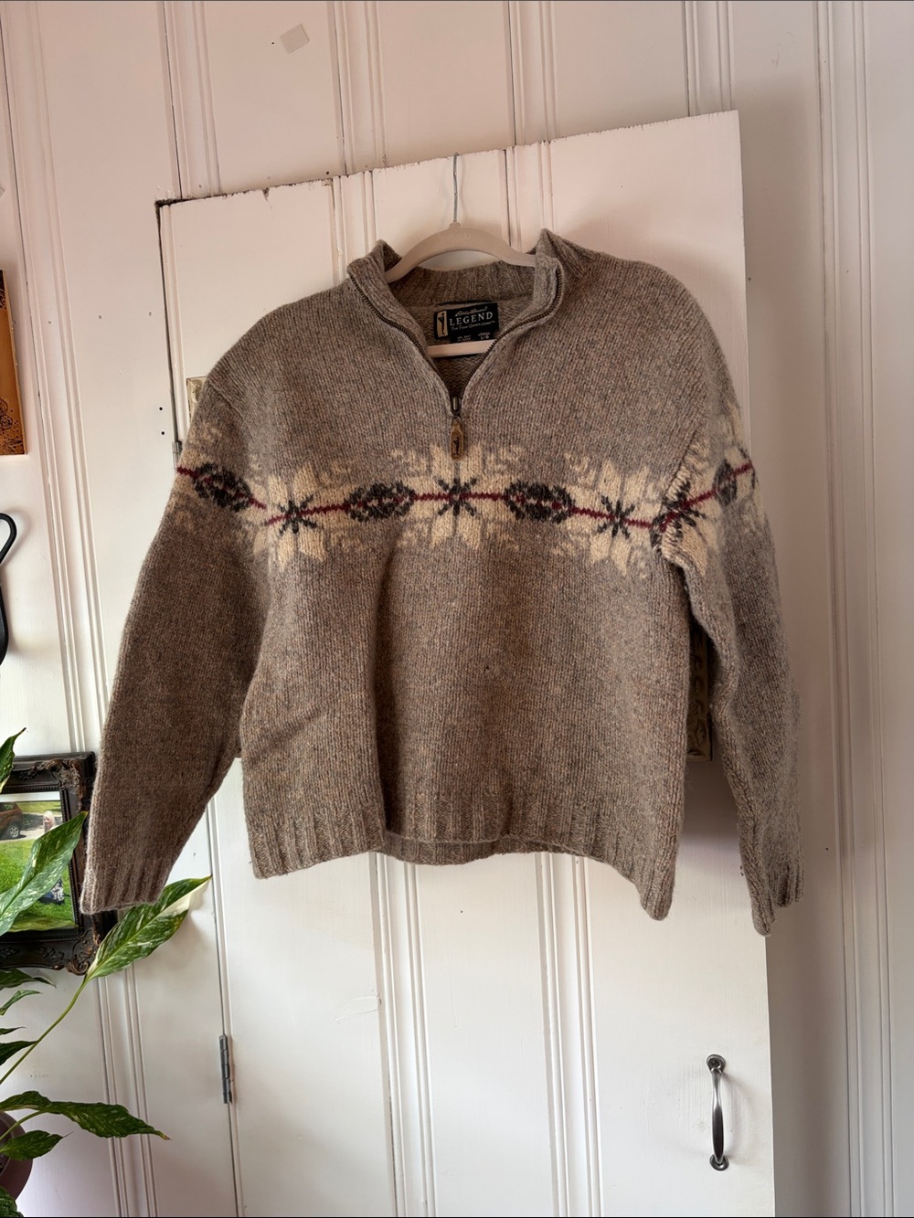 Eddie Bauer Taupe Zip-Neck Sweater with Nordic Band